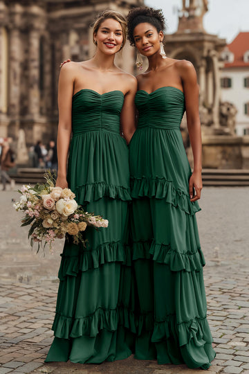Strapless Dark Green Ruched Tiered Ruffled A-Line Bridesmaid Dress